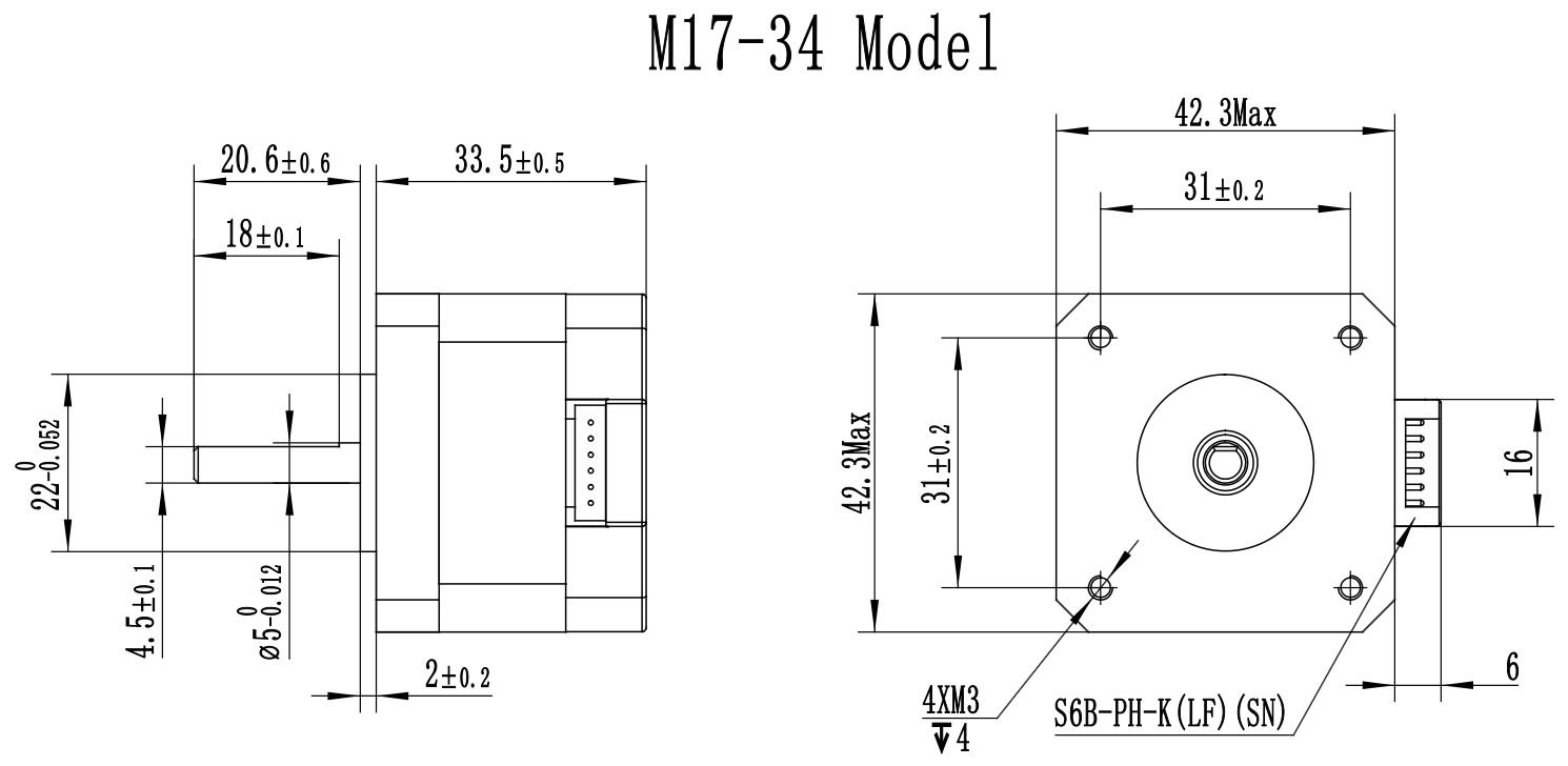 M17-34 dimension drawing, side and front views with millimetre dimensions