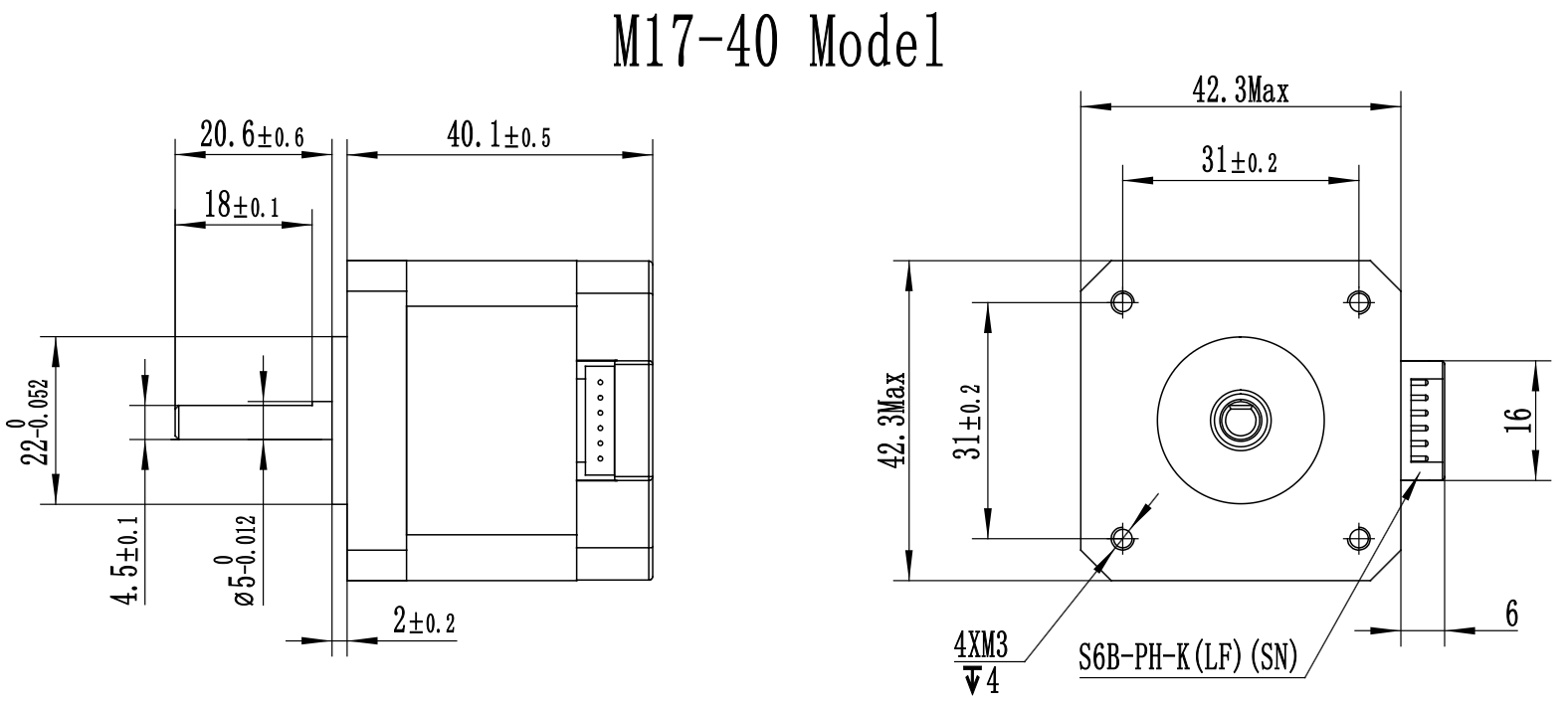 M17-40 dimension drawing, side and front views with millimetre dimensions