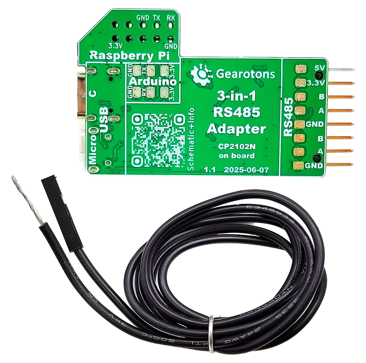 The green Gearotons 3-in-1 RS485 adapter with its cable