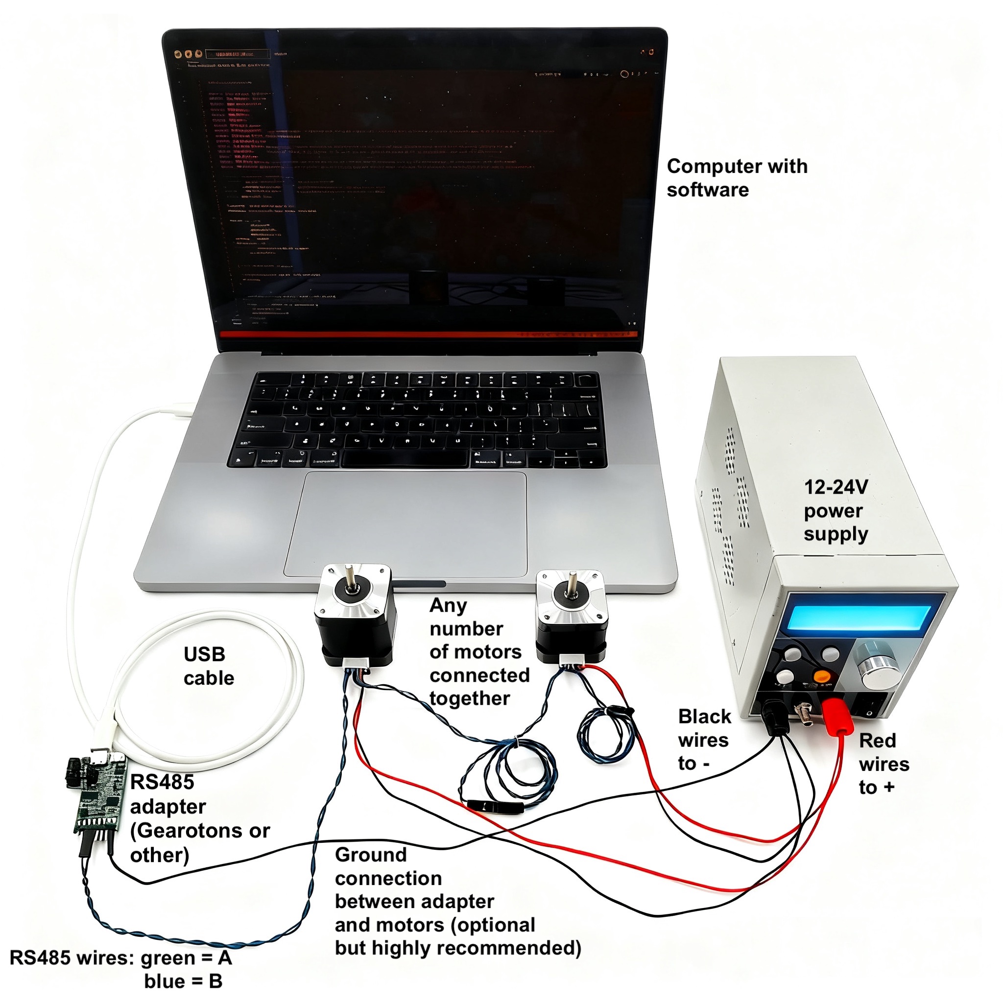 Connection diagram: a computer with software, a USB cable to an RS485 adapter, two M17 motors daisy-chained on the RS485 pair, and a 12-24 V power supply