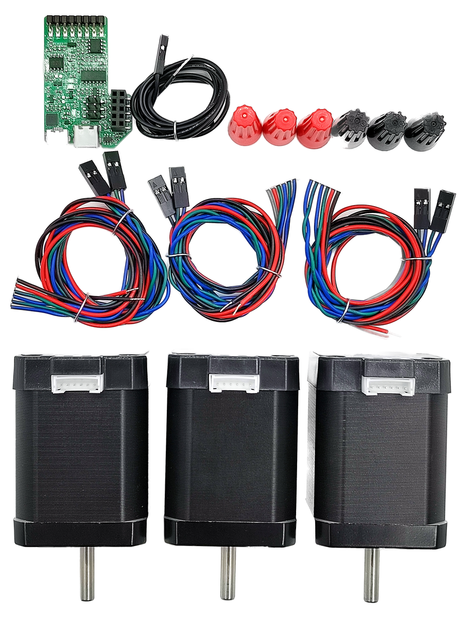 Kit flat-lay: three M17 motors, the adapter PCB, cables and knobs