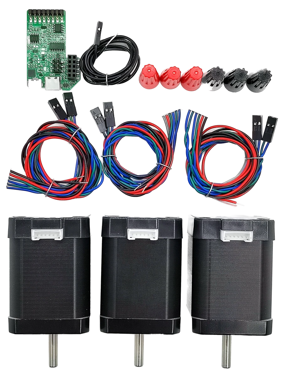 Kit flat-lay: three M17 motors, the adapter PCB, cables and knobs