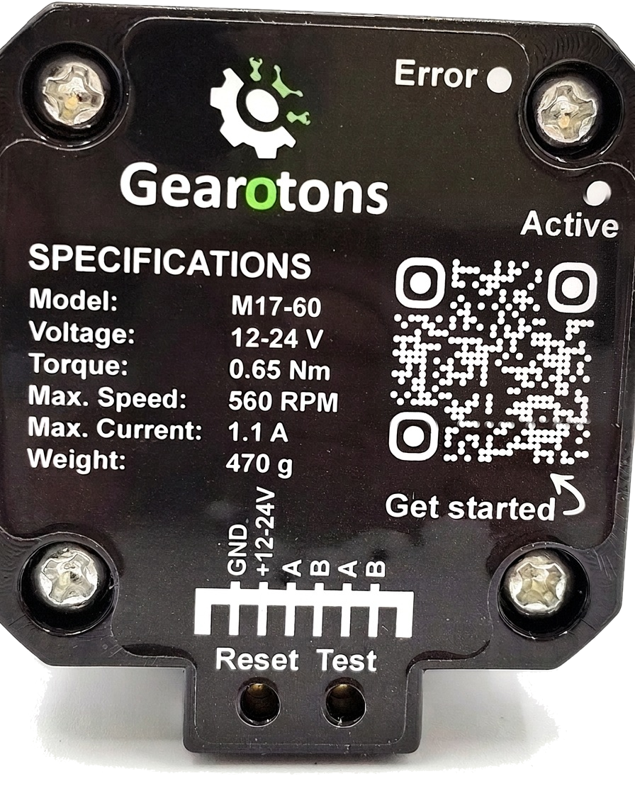 Rear of the M17 motor showing the specification label, QR codes, status LEDs and the Reset and Test buttons