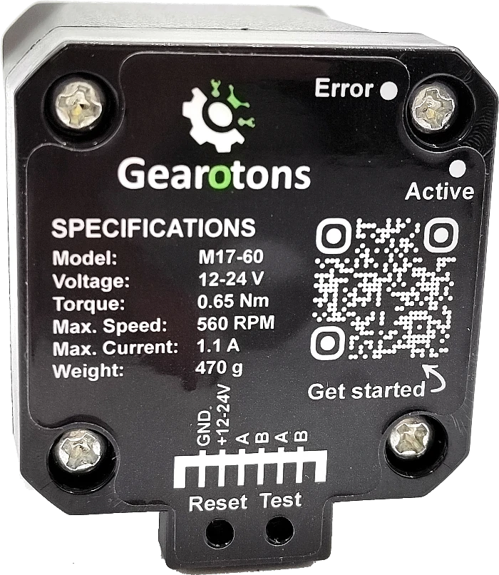 Rear of the M17 motor showing the specification label, QR codes, status LEDs and the Reset and Test buttons